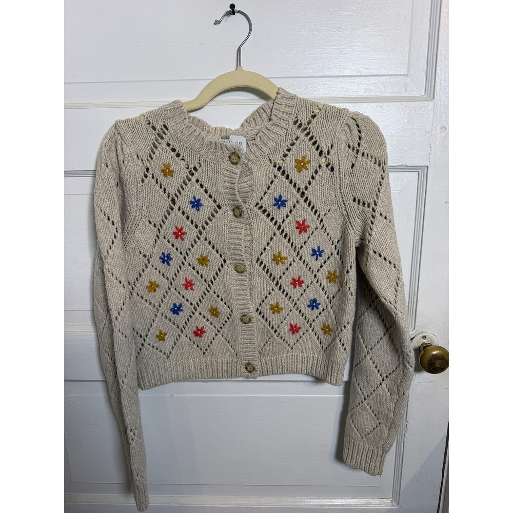 NWOT Saylor Surrey Floral Embroidered Knit Cropped Cardigan Sweater Beige M